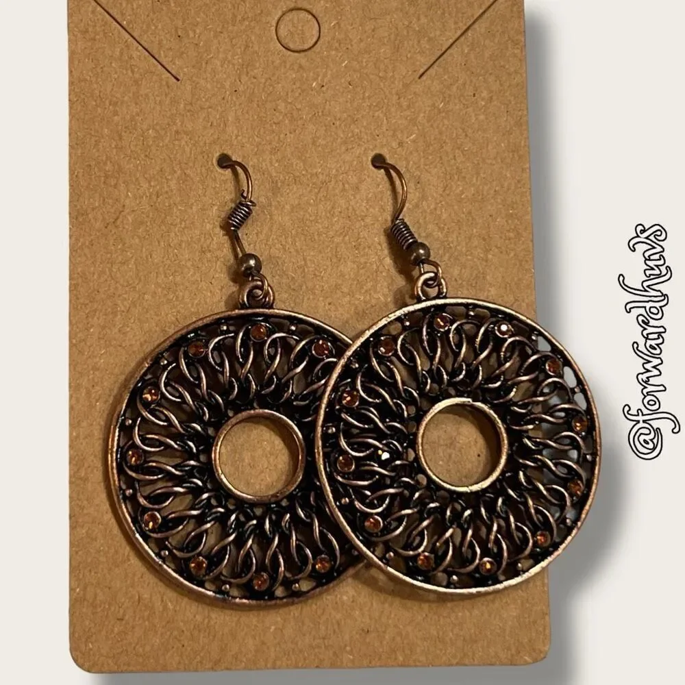 Bundle Sale 3 for $15 | Dark Copper Dangle Earrings with Orange Rhinestones